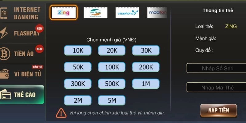 Cách nạp thẻ cào điện thoại vào Sunwin chi tiết